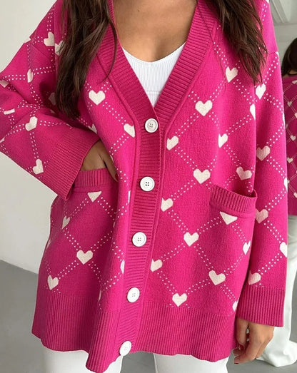 V-neck Heart Pattern Pocket Cardigan