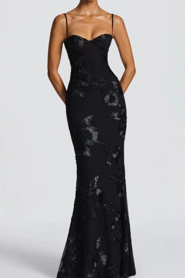 Strapless Floral Embroidered Maxi Dress Black / XS