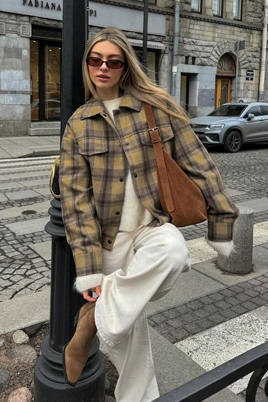 Loose Fit Plaid Wool Coat Jacket