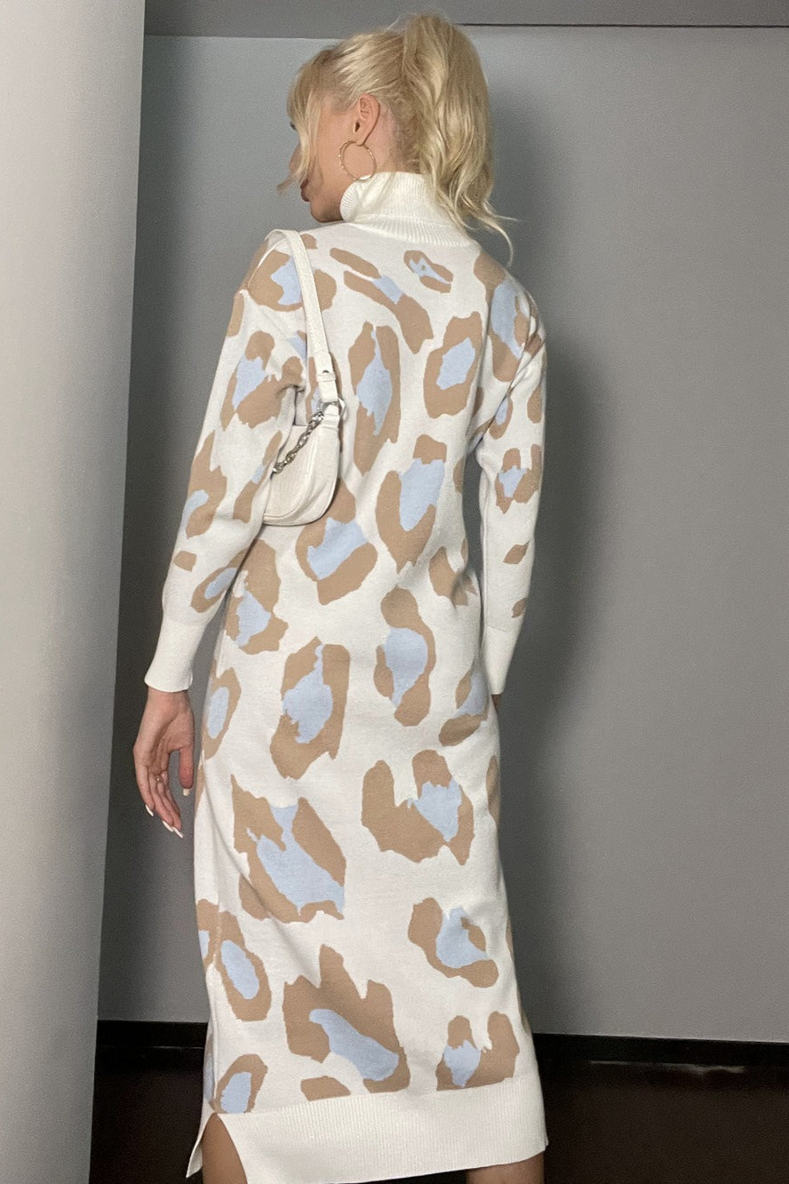 Leopard Print Turtleneck Sweater Dress Ivory / One Size