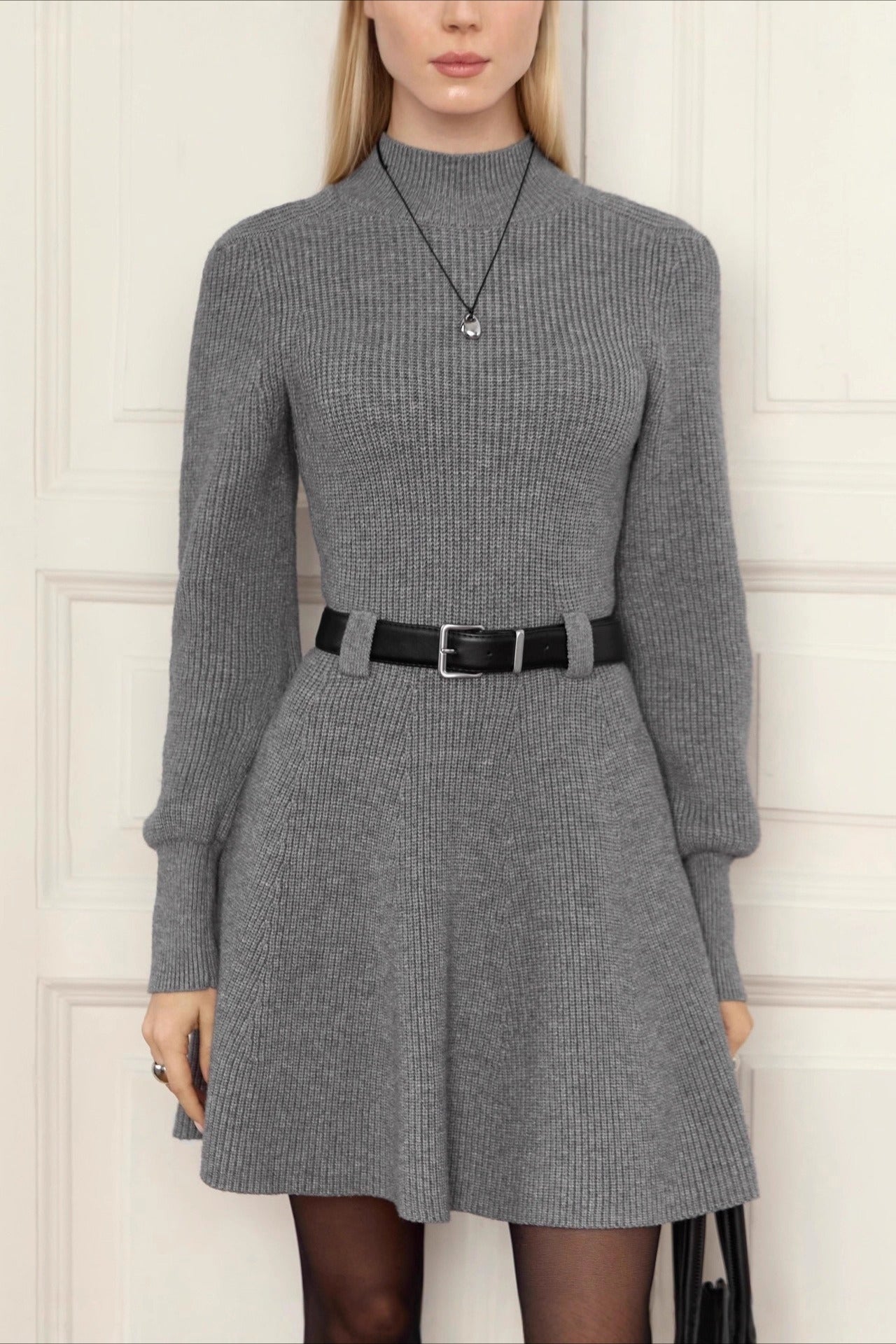 Thick Knit Turtleneck Sweater Dress S / Grey