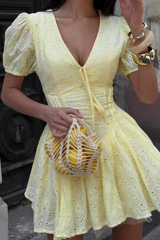 Eyelet Puff Sleeve Tie Front Mini Dress