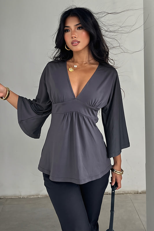Deep V Empire Waist Bell Sleeve Blouse