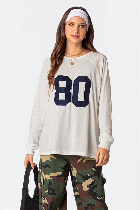 Number Print Long Sleeve Loose T-Shirt