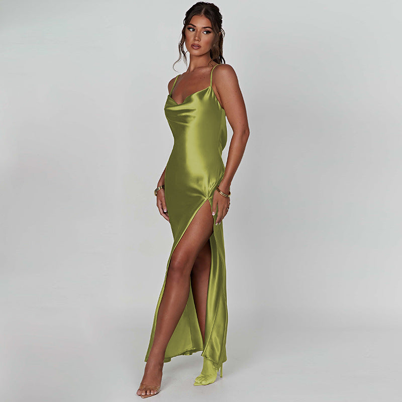 Elegant Women Satin V-neck Low Cut  Spaghetti Strap Backless Ruched High Split Party Female Vestidos