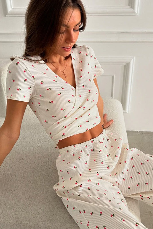 Floral Short Sleeve Top & Wide-Leg Pants Lounge Set