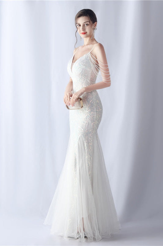 Beaded Mesh Cocktail Maxi Dress White / S