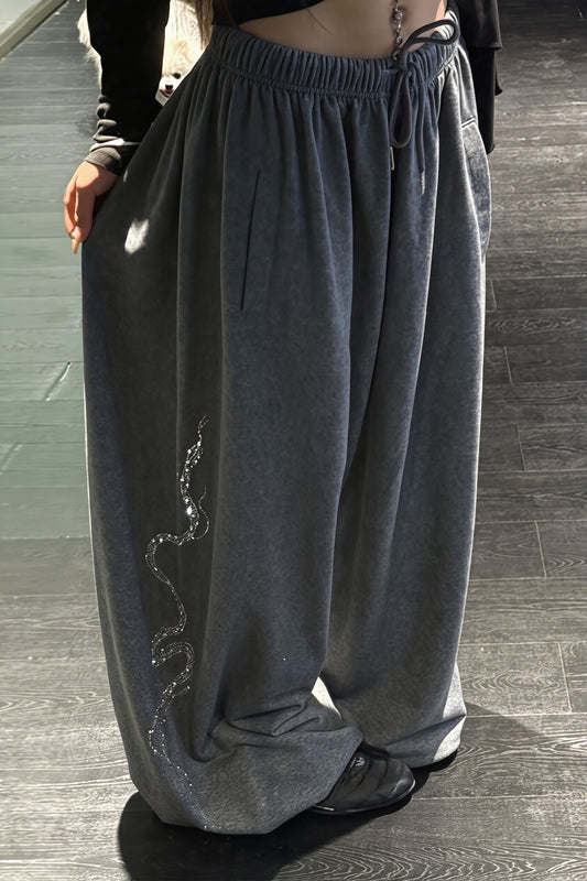 Rhinestone Swirl Drawstring Wide Leg Pants