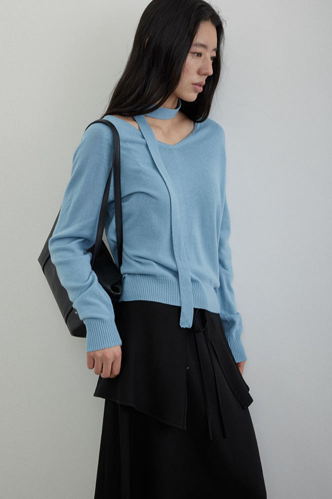 Wool V-Neck Oversized Long-Sleeve Knit Top