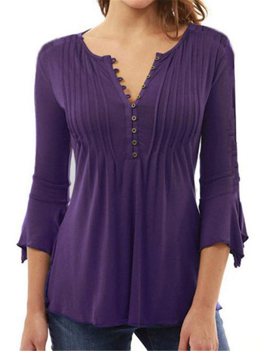 V-neck Flared Plain Folded in Blouse Arm Women's Color