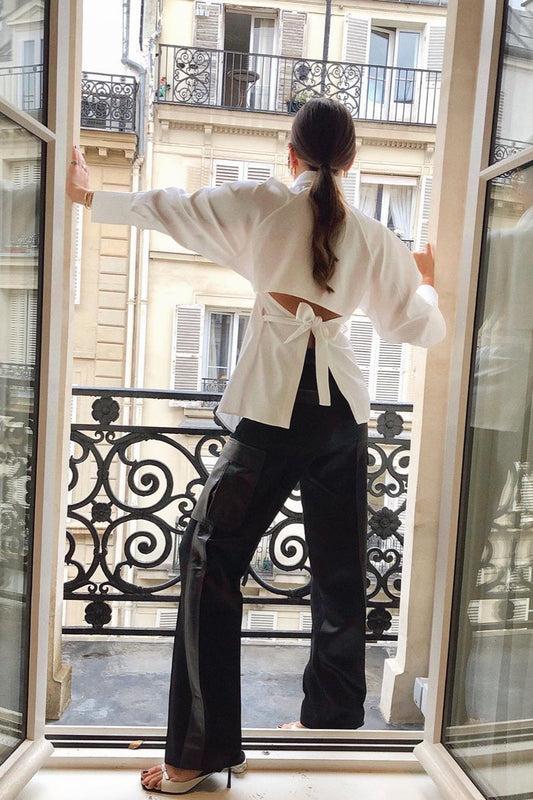 Cutout Shoulder Tie Waist Shirt