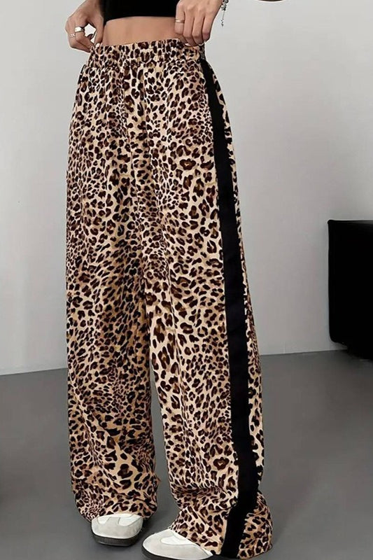 Stylish Leopard Print Black Trim High-Waisted Wide-Leg Pants