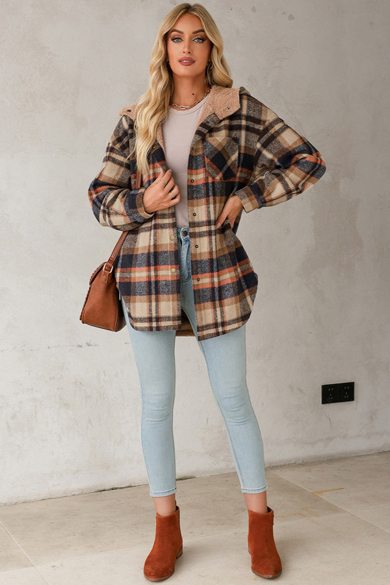 Hooded Long Sleeve Plaid Print Fleece Lined Coat