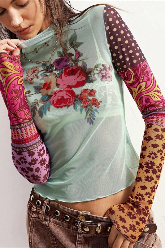 Print Mock Neck Sheer Long Sleeve Tee