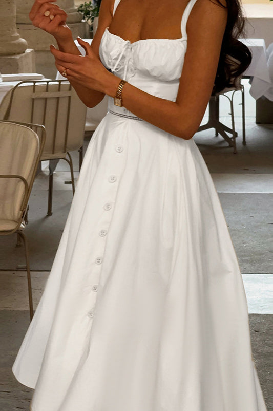 French U-Neck Drawstring Cutout Tie Cami Party Dress