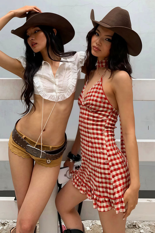 Vintage Red Plaid Deep V Halter Mini Dress