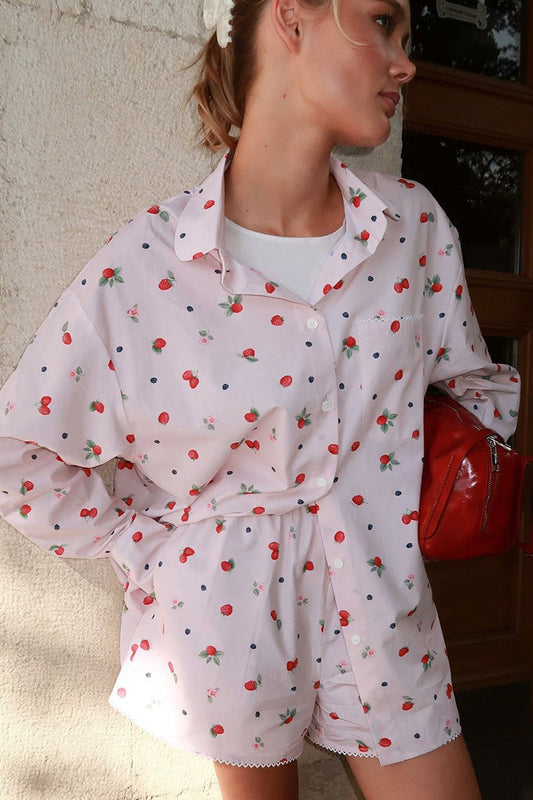 Pink Shirt Lace Trim Shorts Two Piece Set