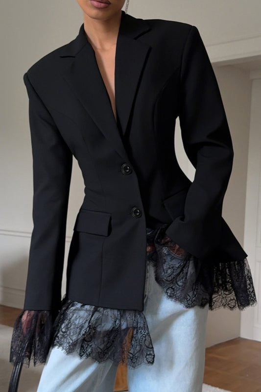 Lace Trim Flap Pocket Fitted Blazer