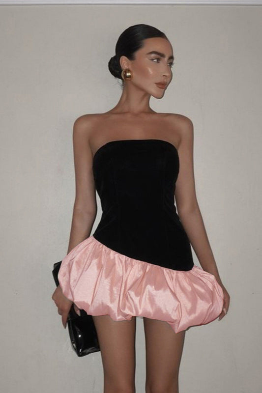 Elegant Velvet Paneled Strapless Puff Mini Dress