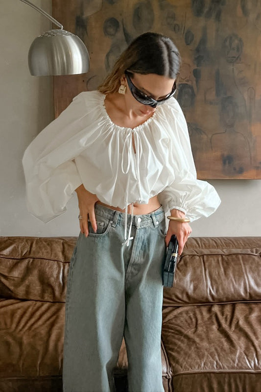 Sleek Drawstring Tie Waist Round Neck Blouse