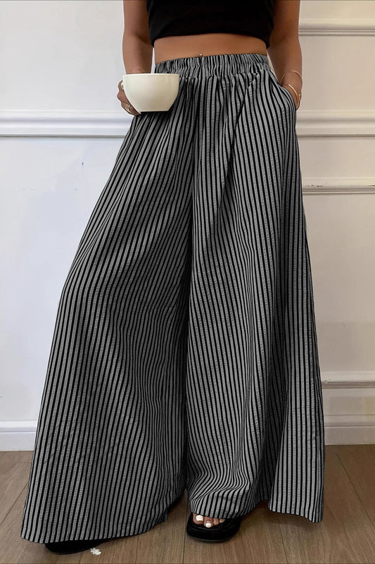 Vertical Stripe Elastic Waist Wide Leg Pants