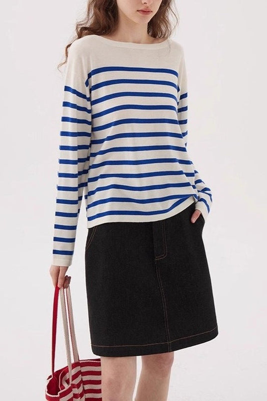 Navy Striped Relaxed Boat Neck Knit Top