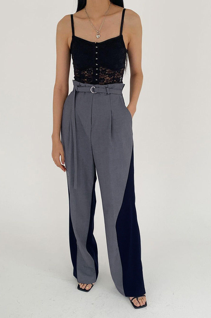 Color Block High Waisted Wide Leg Pants Grey / S