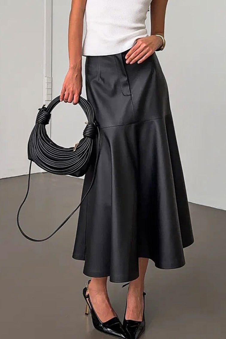 Black Faux Leather Midi Skirt Black / S