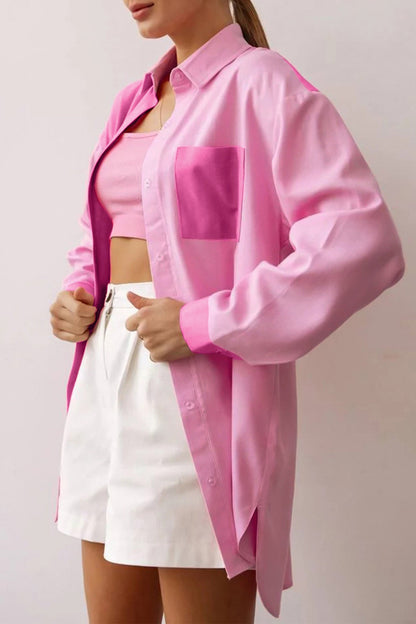 Pink Button-Up Long Sleeve Blouse with Lapel Pocket