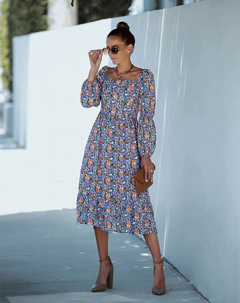 Printed Long Sleeve Dress with Square Collar