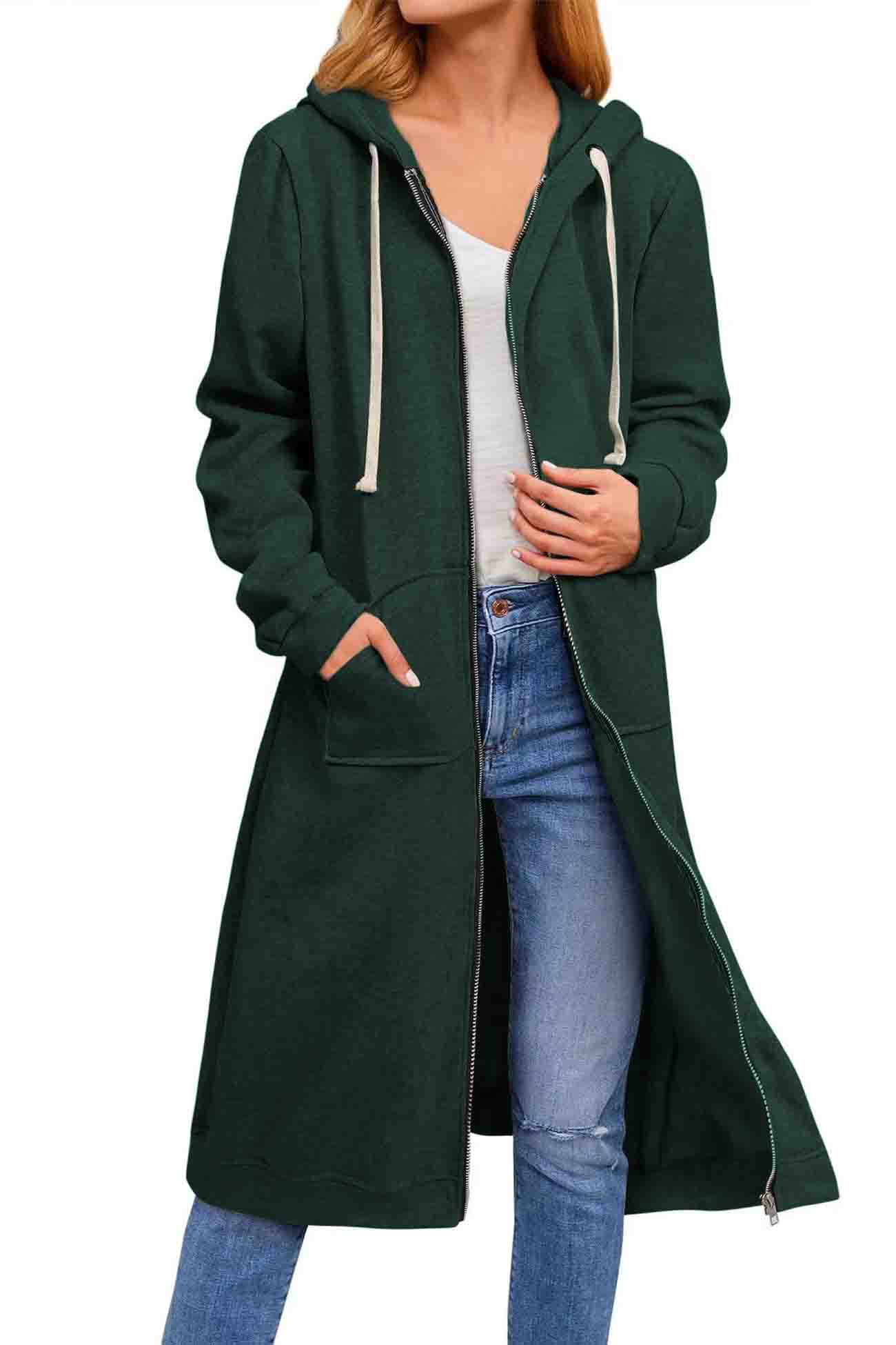 Zip Up Hooded Long Drawstring Cardigan