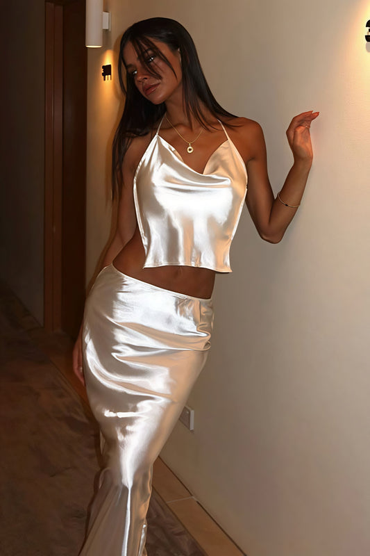 Sexy Satin Halter Backless Maxi Skirt Set