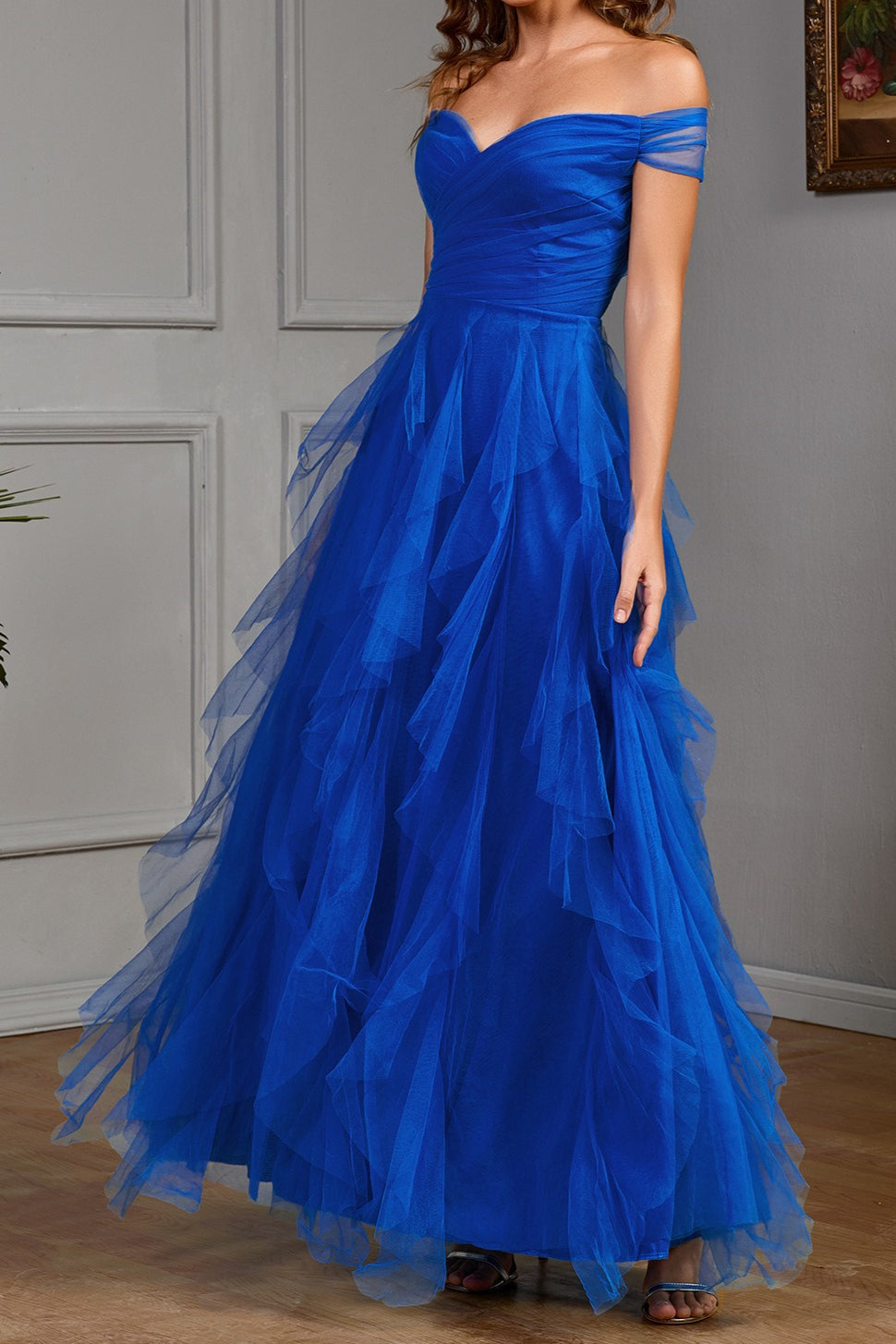 Solid Off Shoulder Tulle Gown Formal Dress