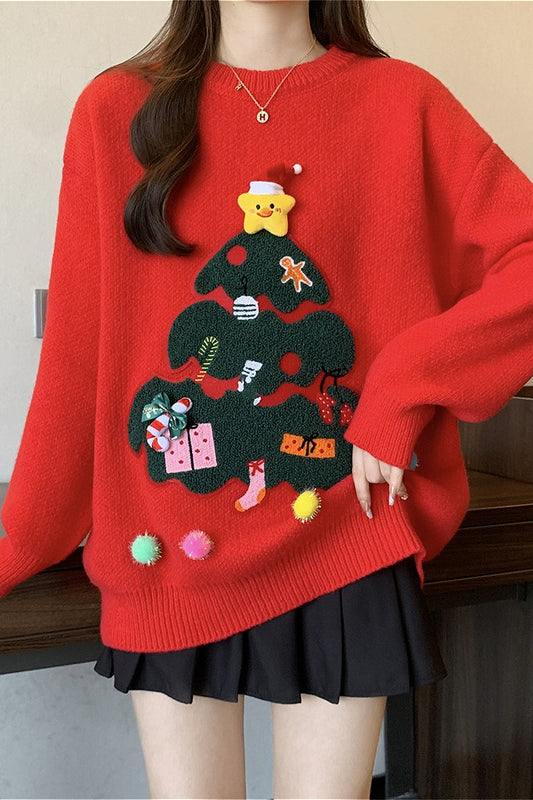 3D Pom Pom Tree Print Sweater