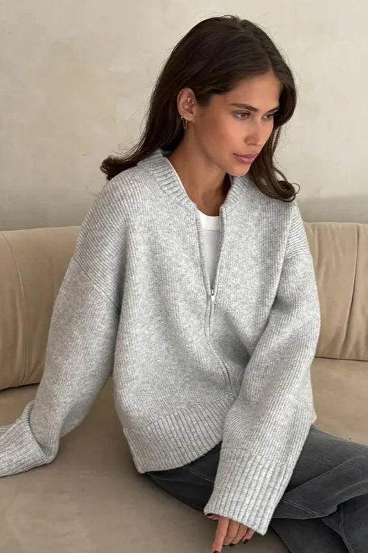 Pleated Knit O Neck Zipper Cardigan