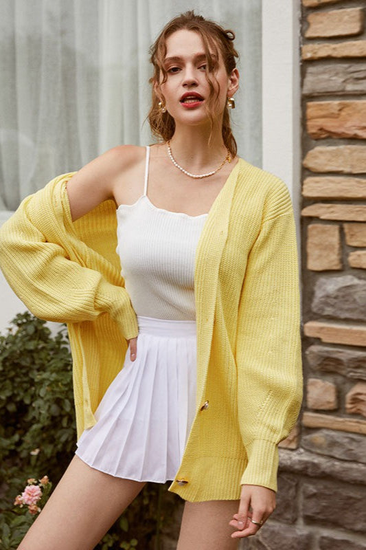 Solid Color Relaxed Knit Cardigan S / Yellow