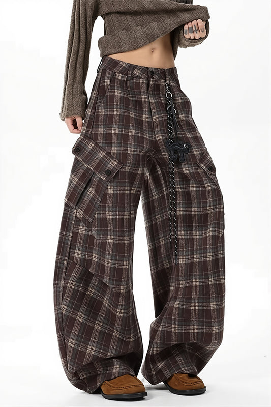 Plaid Multi Pocket Wide Leg Cargo Pants