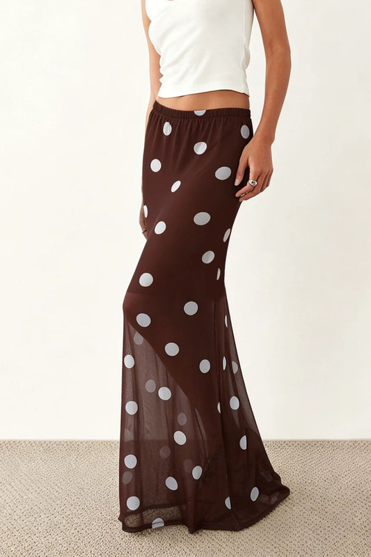 Brown Polka Dot Sheer Mesh Maxi Skirt