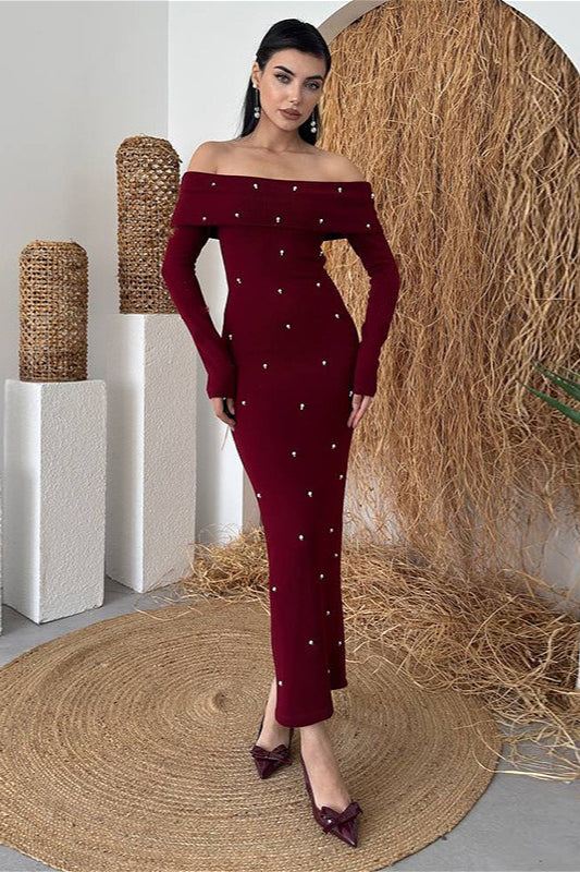 Beaded Off Shoulder Backless Long Party Dress Burgundy / S