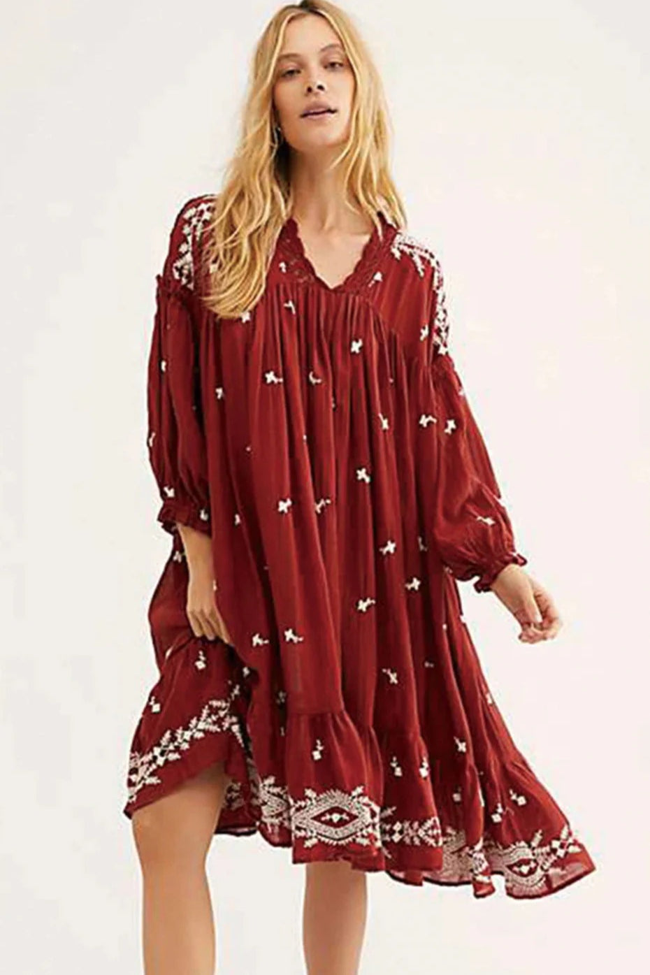 Floral Long Sleeve Midi Boho Dress Red / S