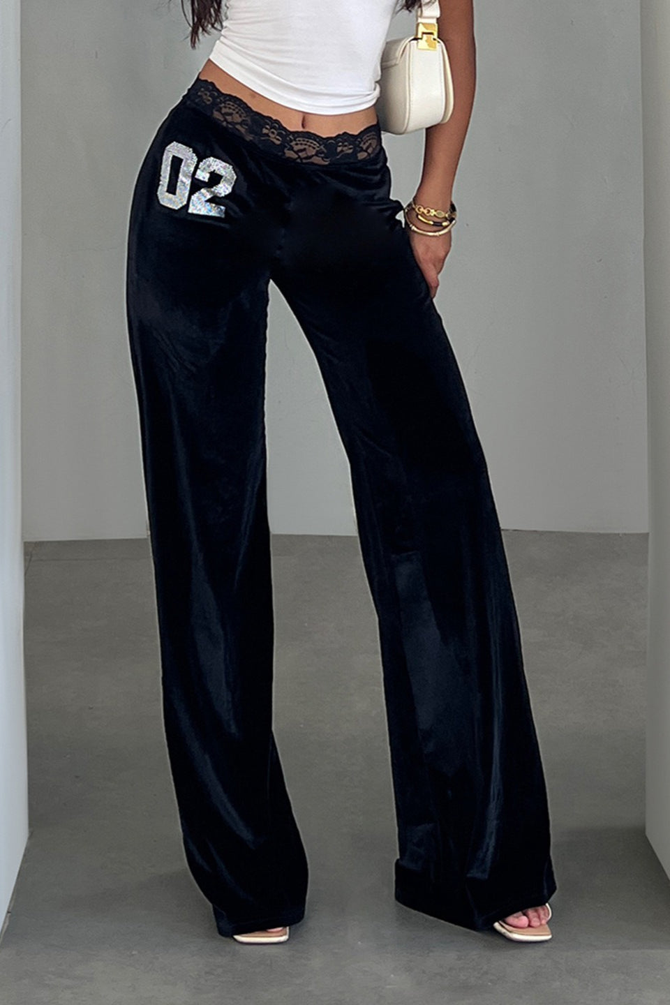 Rhinestone Lace Waist Patchwork Velvet Pants