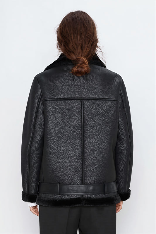 Asymmetric Zip Shearling Moto Coat