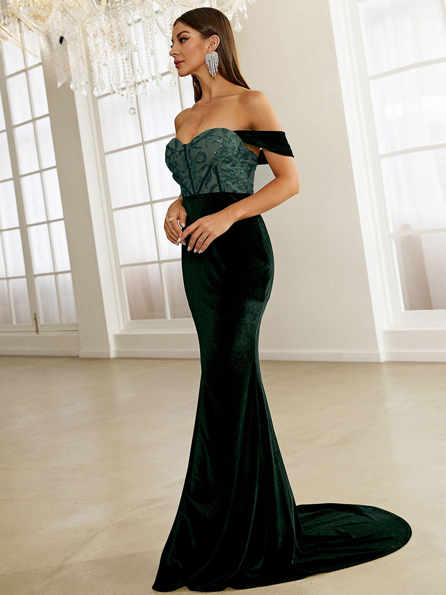 Green Velvet Evening Dress Elegant Off Shoulder Sequin Bodycon Maxi Christmas Party Dress