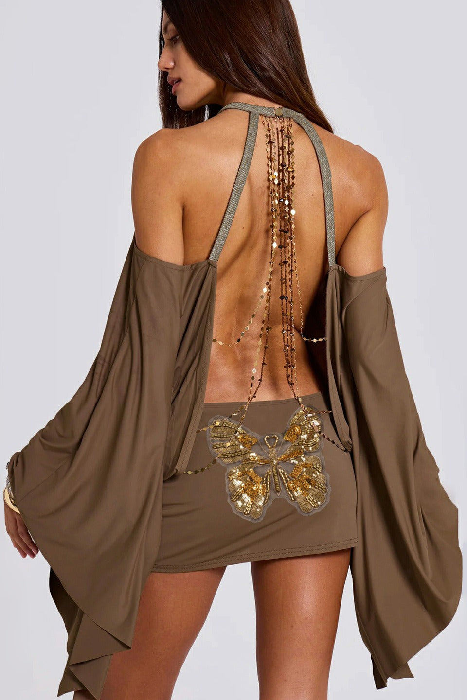 Backless Chain Bodycon Batwing Sleeve Mini Dress – PrincessAce