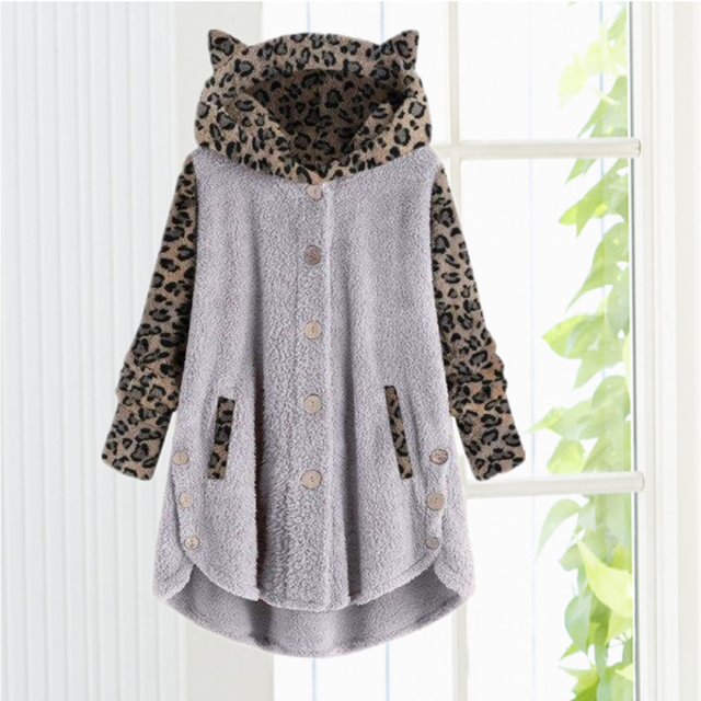 Leopard Patchwork Cat Ears Coat Gray Best Sellings cardigan cardigans clothes Plus Size Sale tops