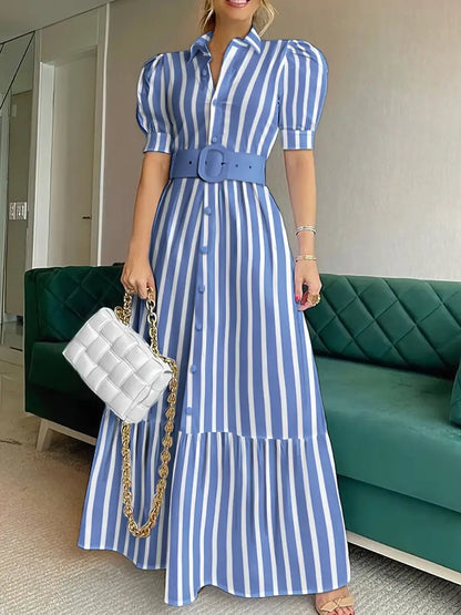 V-Neck Striped Lace Up Long Dress