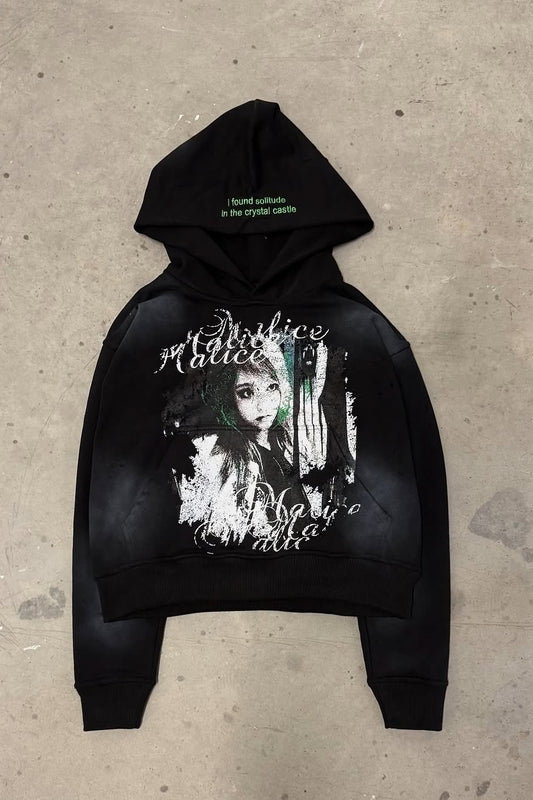 Vintage Print Color Block Gothic Hoodie