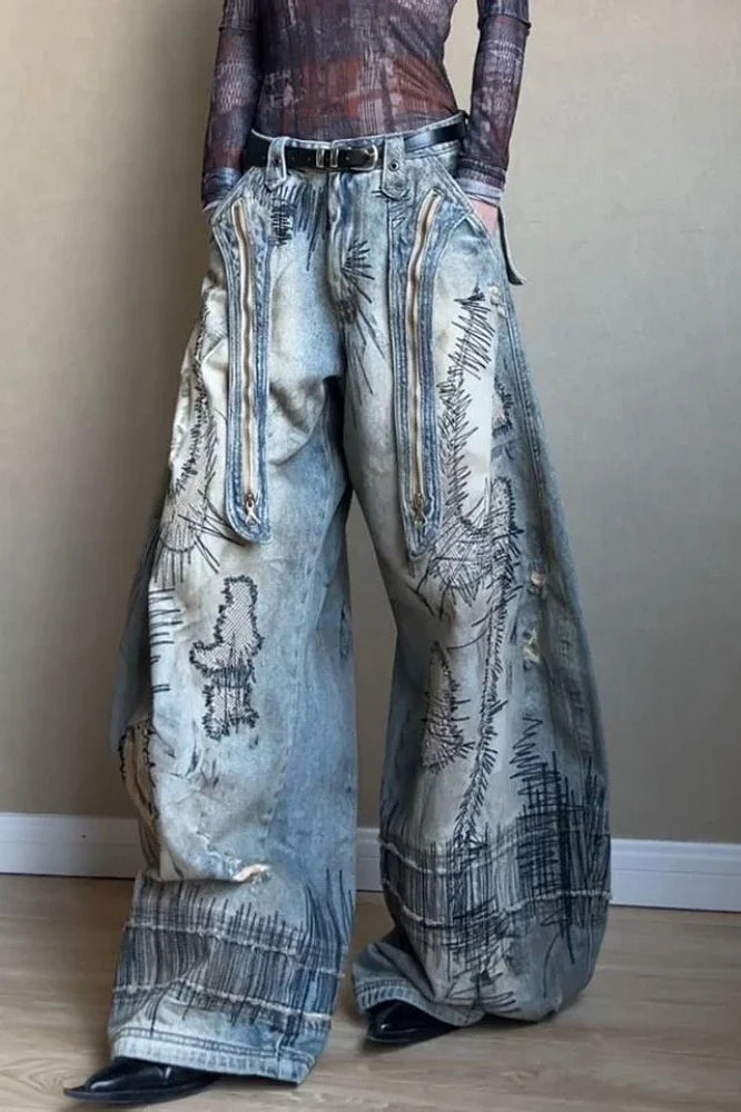 Needle Embroidered Wide Leg Jeans