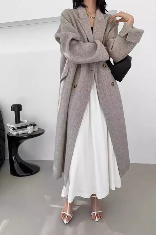 Double-Breasted Reversible Wool Long Oversized Overcoat Light Gray / S