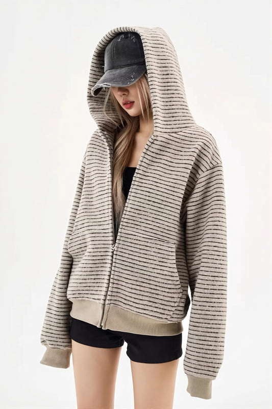 Fluffy Striped Oversize Zip Hoodie